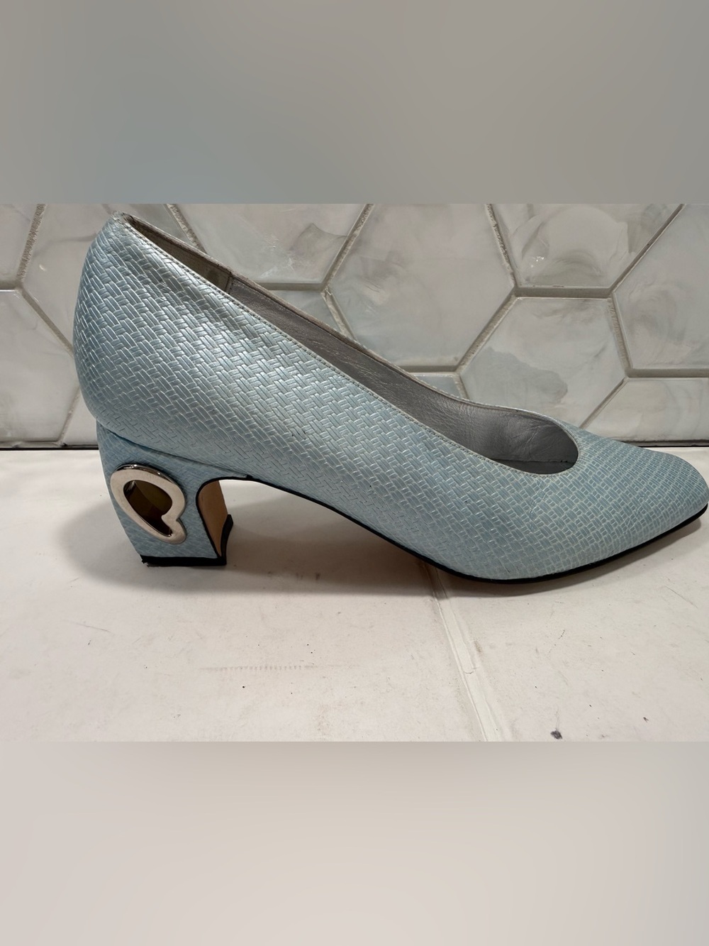 Timothy Hitsman VTG Textured Light Blue Pump Shoe Metal Heart Block Heel 5.5-6?
